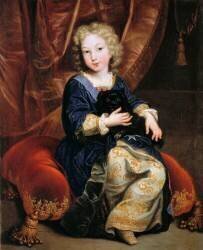 Philippe de France, duc d'Anjou, représenté enfant en 1686 tenant un chien dans ses bras en 1686 (Pierre Mignard) - Muzeo.com