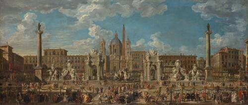 Préparation du feu d'artifice et de la décoration de la fête donnée sur la place Navone à Rome (Giovanni Paolo Pannini) - Muzeo.com