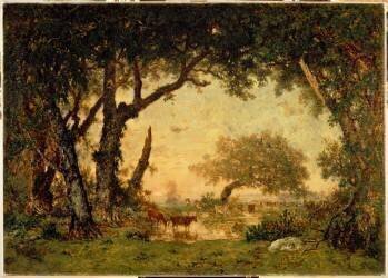 Sortie de forêt à Fontainebleau, soleil couchant (Théodore Rousseau) - Muzeo.com