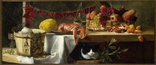 Stillleben mit Peperoni, Früchten, einem Hummer und einer Katze (Daniel Hock) - Muzeo.com