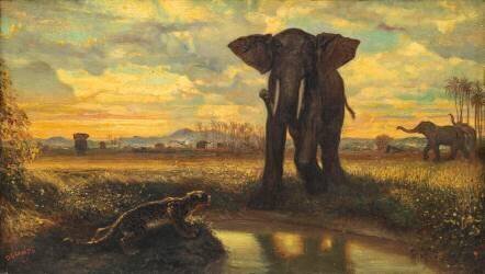 Tigre et Eléphant à la source dit le désert indien (Alexandre Gabriel Decamps) - Muzeo.com
