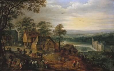 Village Street with Figures and Carts (Jan Brueghel the Younger) - Muzeo.com