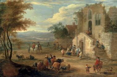 Villagers Conversing by a Ruined Church (Mathys Schoevaerdts) - Muzeo.com