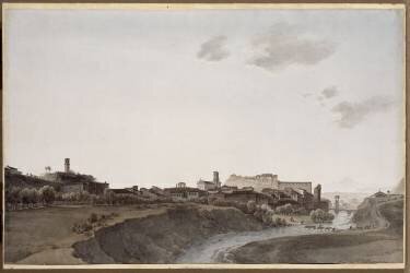 Vue de la ville de Ceva, les piemontais se retirent dans le fort 17 avril 1796 (Giuseppe Pietro Bagetti) - Muzeo.com