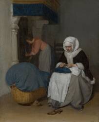 Woman Sewing beside a Cradle (Gérard ter Borch) - Muzeo.com