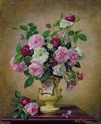 Roses and dahlias in a ceramic vase (Albert Williams) - Muzeo.com