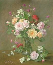 Roses and Gardenias in a glass vase (Albert Williams) - Muzeo.com
