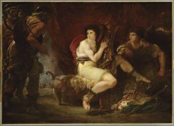 Achille retiré sous sa tente avec Patrocle, jouant de la lyre, et surpris par Ulysse et Nestor (Giuseppe Cades) - Muzeo.com