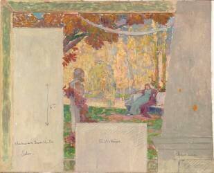 Dame assise dans un parc contemplant un buste ; l'automne, esquisse (Etienne Prosper...) - Muzeo.com