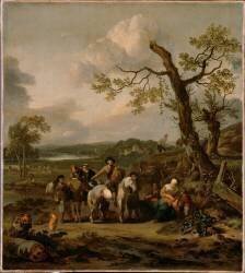 Halte de paysans allant au marché (Johannes Wijnants) - Muzeo.com