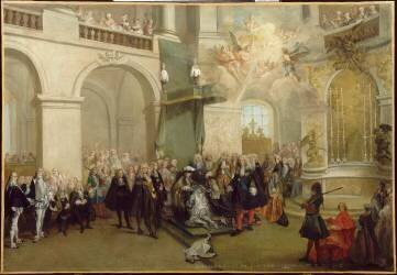 La remise de l'ordre du Saint-Esprit dans la chapelle de Versailles (Nicolas Lancret) - Muzeo.com