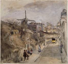 La rue Lepic à Montmartre ; à gauche, le moulin de la galette (Ludovic Piette) - Muzeo.com