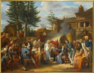 Le roi Louis XVIII en exil à Mittau y couronne la rosière, 1799 (Tardieu Cochin) - Muzeo.com