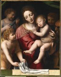 Le Sommeil de l'Enfant Jésus, ou la Vierge tenant l'Enfant Jésus endormi, accompagné de trois anges (Bernardino Luini) - Muzeo.com