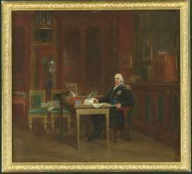 Louis XVIII représenté assis à sa table de travail dans son cabinet de travail aux Tuileries en 1823 (François Gérard) - Muzeo.com