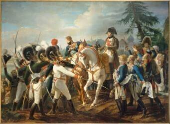 Napoléon Ier harangue les troupes bavaroises et wurtembergeoises à Abensberg, 20 avril 1809 (Jean-Baptiste Debret) - Muzeo.com