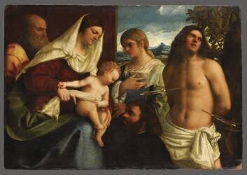Sainte Conversation, Sainte Famille avec Sainte Catherine, Saint Sébastien et un donateur (Sebastiano del Piombo) - Muzeo.com