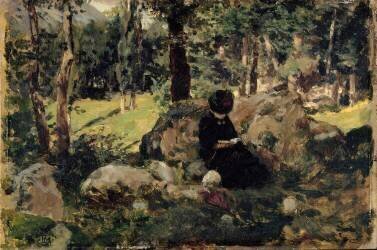 Femme assise lisant dans une clairière dans la montagne (Enrique Mélida) - Muzeo.com