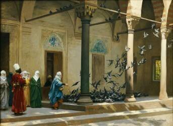 Harem Women feeding Pigeons in a Courtyard (Jean-Léon Gérôme) - Muzeo.com