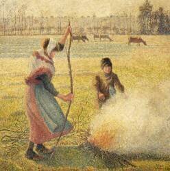 Jeune paysanne faisant du feu, gelée blanche, ou la brûle des champs (Camille Pissarro) - Muzeo.com