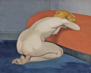 Naked woman kneeling in front of a red couch (Félix Vallotton) - Muzeo.com
