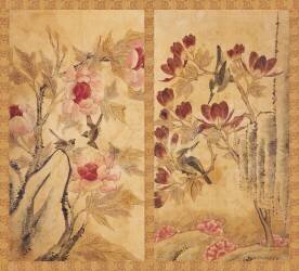 Paravent à huit panneaux : fleurs et oiseaux 