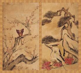 Paravent à huit panneaux : fleurs et oiseaux 