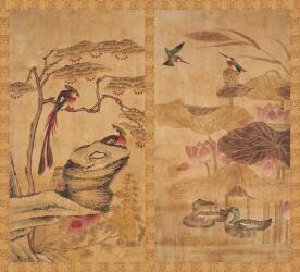 Paravent à huit panneaux : fleurs et oiseaux 