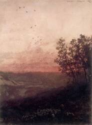 Paysage au soleil couchant, au premier plan, un berger et son troupeau (Odilon Redon) - Muzeo.com