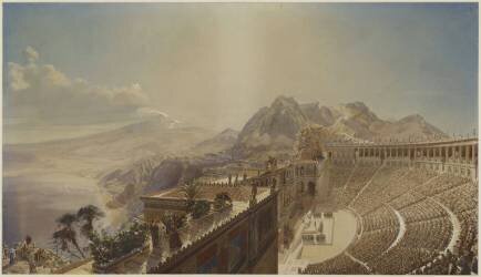 Restored view of the theater of Taormina (Eugène Viollet-Le-Duc) - Muzeo.com