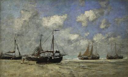 Scheveningen, Boats Run Aground on the Shore (Eugène Boudin) - Muzeo.com