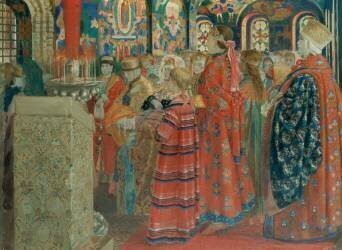 Seventeenth Century Russian Women at Church (Andrei Petrovich Ryabushkin) - Muzeo.com