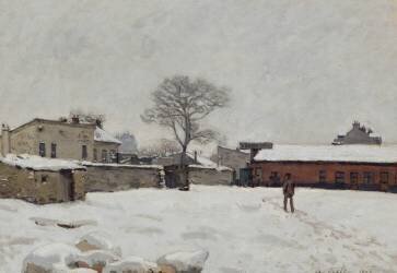 Sous la neige : cour de ferme à Marly-le-Roi (Alfred Sisley) - Muzeo.com