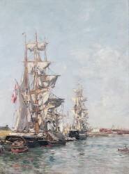 Three-masted Boats at the Quay in Deauville Harbour (Eugène Boudin) - Muzeo.com