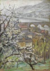 View across an orchard over a bridge and estuary (Arthur Haythorne Studd) - Muzeo.com