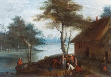 A river landscape with figures by a building getting into boats (Jan Brueghel the Elder) - Muzeo.com