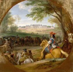 Arrivée de Louis XIV précédé des gardes du corps en vue de l'ancien château de Versailles en 1669 (Adam Frans van der Meulen) - Muzeo.com