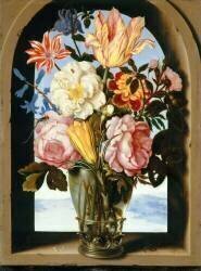 Bouquet de fleurs dans une armature de pierre s'ouvrant sur un paysage (Ambrosius Bosschaert) - Muzeo.com
