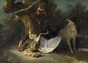 Butor et perdrix gardés par un chien blanc (Jean-Baptiste Oudry) - Muzeo.com