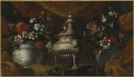 Cassolette d'argent aux armes de France et deux urnes remplies de fleurs (Jean-Baptiste Monnoyer) - Muzeo.com