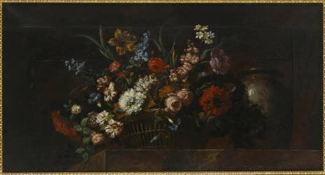 Corbeille d'osier remplie de fleurs et gros vase de porcelaine de chine (Jean-Baptiste Monnoyer) - Muzeo.com