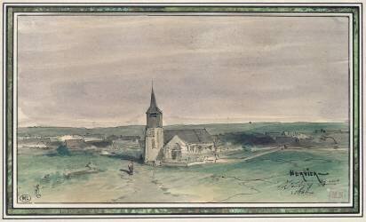 Église et village au milieu d'un champ (Louis Adolphe Hervier) - Muzeo.com