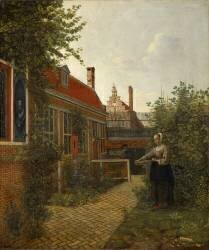 Femme avec un panier de haricots dans le jardin potager (Pieter de Hooch) - Muzeo.com