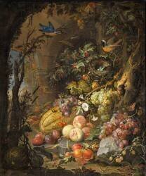 Fleurs, fruits, oiseaux et insectes dans un paysage avec ruines (Abraham Mignon) - Muzeo.com
