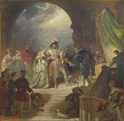 François Ier accompagné de la reine de Navarre, sa soeur, et entouré de sa cour, reçoit les tableaux (Alexandre-Evariste Fragonard) - Muzeo.com
