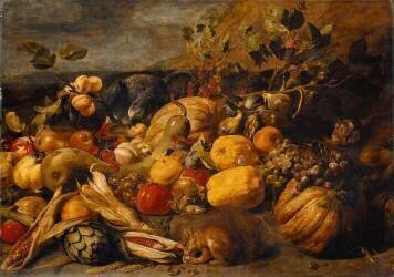 Fruits et légumes avec un singe, un perroquet et un écureuil (Frans Snyders) - Muzeo.com