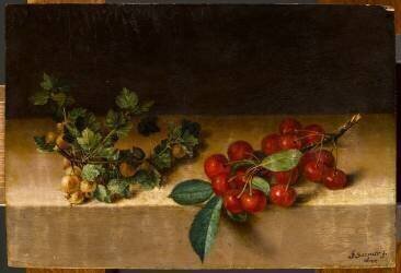 Fruits sur une table : groseilles à maquereau et cerises (François Garnier) - Muzeo.com