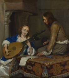 Jeune femme jouant du théorbe accompagnée d'un cavalier (Gérard ter Borch) - Muzeo.com