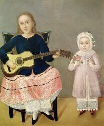 Jeune fille avec une guitare et enfant avec un bouquet (anonyme) - Muzeo.com