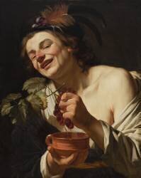 Jeune homme souriant pressant des raisins (Gerrit van Honthorst) - Muzeo.com